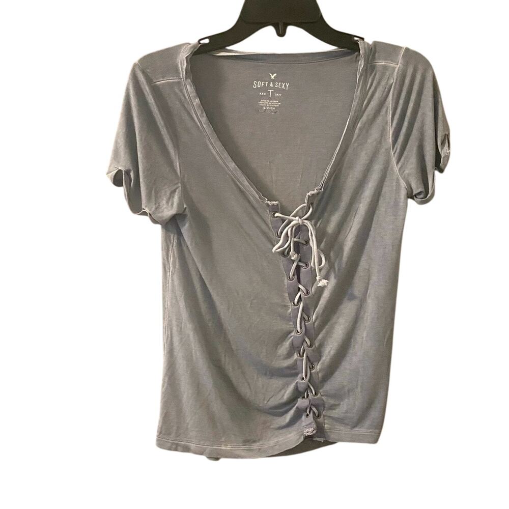 American Eagle Shirt Women's Size S Blue Soft & Sexy Tie Front Short Sleeve